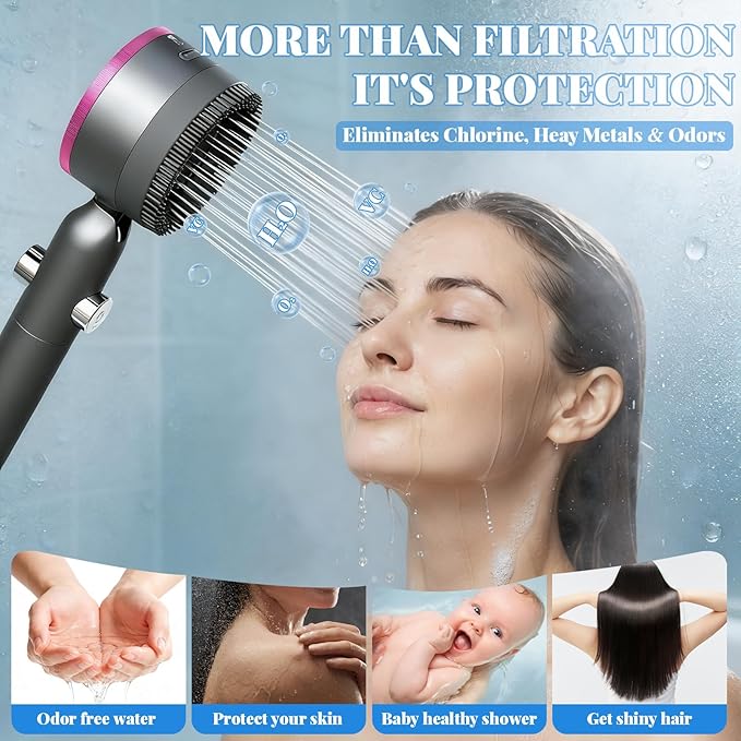 High Pressure Shower Head, 30° Adjustable 4 Modes Handheld Shower Head and Hose Set with 5 Filters, 59‘’ Hose & Bracket, Power Swivel Filtered Showerhead for Remove Residual Chlorine (Gray)
