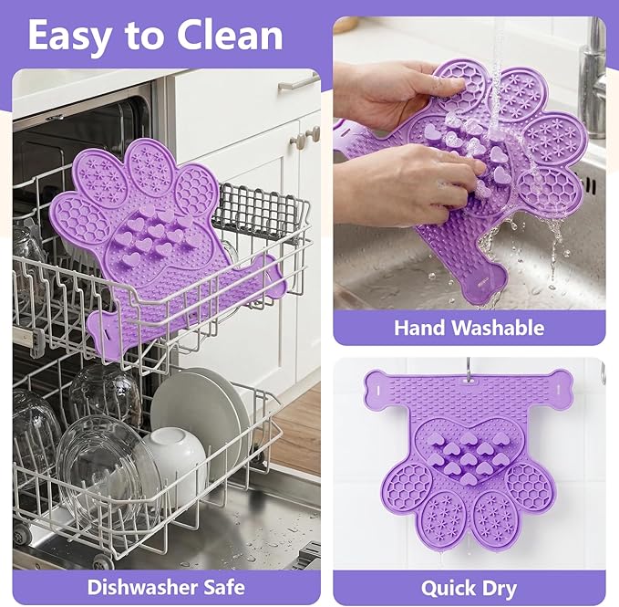 Dog Lick Mat with Suction Cups, Slow Feeder & Enrichment Mat for Dogs & Cats, Silicone Feeding Mat for Wet & Dry Food, Anxiety Relief, Mess-Free Foldable Pocket Design, Purple