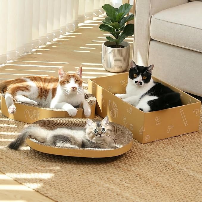 FUKUMARU 3PCS Cardboard Cat Scratcher, Durable Oval Cat Scratch Pad Bed Bowl for Indoor Cats, Round Cats Scratching Board with Kitten Scratcher Box, Couch Sofa Furniture Protector