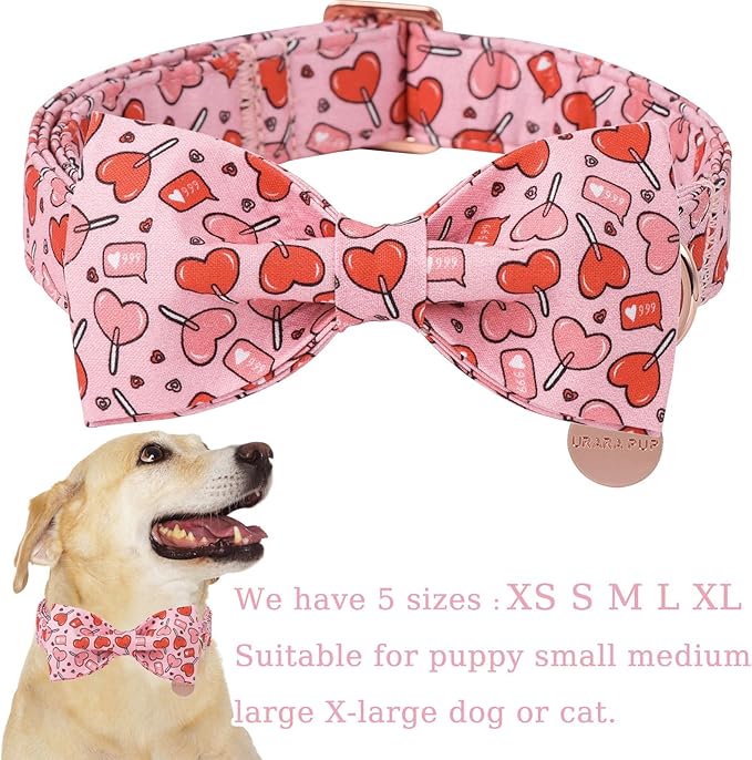 Valentine’s Day Dog Collar with Bow Tie, Pink Heart Bowtie Collar with Metal Buckle, Valentine’s Day Gift Pet Collar for Puppy Girl Boy Dog or Cat, Wedding Dog Collar,XL, Neck 16-26in