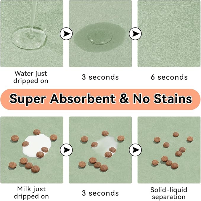 Dog Cat Feeding Mat-Absorbent Pet Bowl Mat for Food and Water, Quick Dry Water Dispenser Mat for Floors with Waterproof Rubber Backing, Large Dogs Placemat Mats for Messy Drinkers,17"x27",Sage Green