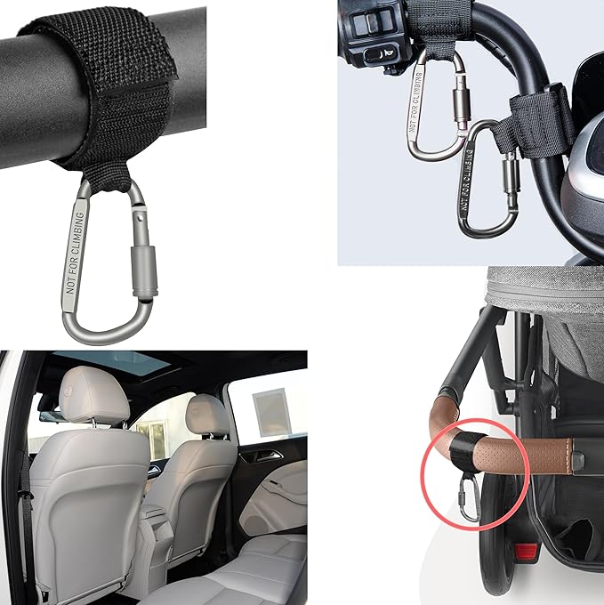Baby Stroller Hook, Carry 30 lbs per Stroller Carabiner Clip, Adjustable Baby Stroller & Car Seat Hook for Hanging Diaper Bag, Wheelchair,Golf cart, Shopping and Pet Cart(2 Pcs Red)