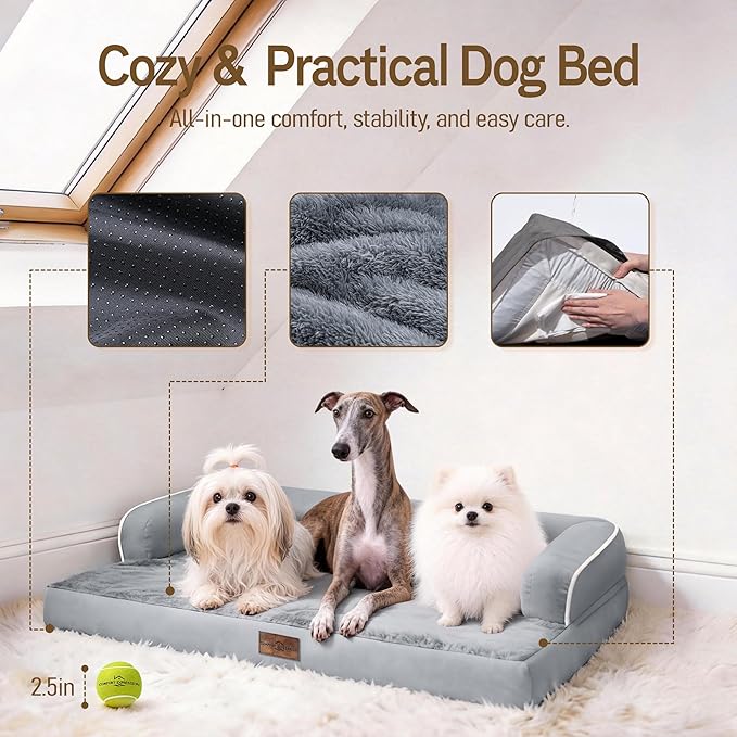 Comfort Expression Extra Large Dog Bed - XXL Orthopedic Washable Bed for Big Dogs - Waterproof Non-Slip Pet Couch Bolster with Removable Cover, 48 x 33