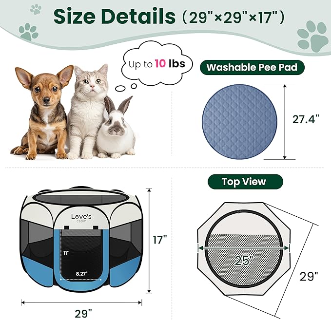 Love's cabin Dog Playpen with Washable Pee Pad, Puppy Pet Cat Playpen Small Dogs Tent Crate Indoor/Outdoor, Portable Pop Up Kennel with Carrying Case for Cats/Rabbits(Blue,Small with pad)