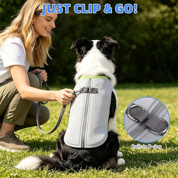 KOOLTAIL Dog Cooling Vest, Sun Protection Easy on off Cooling Pet Shirt Harness with Zipper & Leash Ring, Breathable Summer Quick Dry Clothes, Relief in Hot Weather for Small Medium Large Dogs, Grey L
