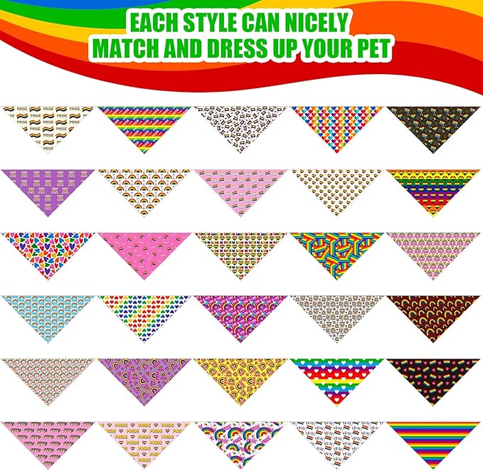Sanwuta 120 Pcs Rainbow Bandanas for Dogs Bulk Gay Pride Day Triangle Dog Bandana LGBT Washable Pet Scarves Adjustable Bibs for Small and Medium Pets, 30 Styles