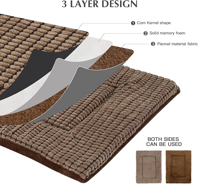 BVAGSS Dog Bed Mat,Reversible Crate Pad, Memory Foam Beds, Soft Warm Pet Cushion for Small Medium Dogs, Washable Pet Sleeping Mattress Kennel Bed Pad XH079 (24''x18''x1.6'',Brown)