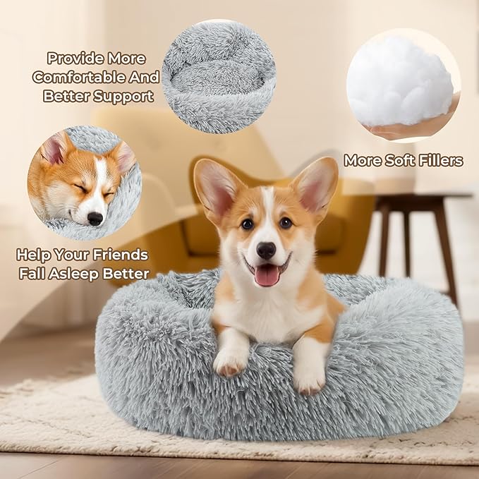 Calming Donut Dog and Cat Bed for Indoor Cats, Anti-Anxiety Round Fluffy Soft Washable Small Medium Pet Bed for Puppy and Kitten, Warming Comfortable Luxury Anti-Slip Waterproof Mute Base 24in Gray
