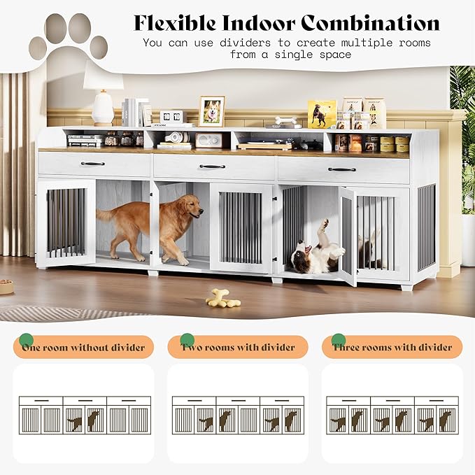 AMERLIFE 95" Large Dog Crate Furniture, Multi-Functional TV Stand with Storage Drawers & Removable Divider for Medium/Large Dogs, White Barnwood