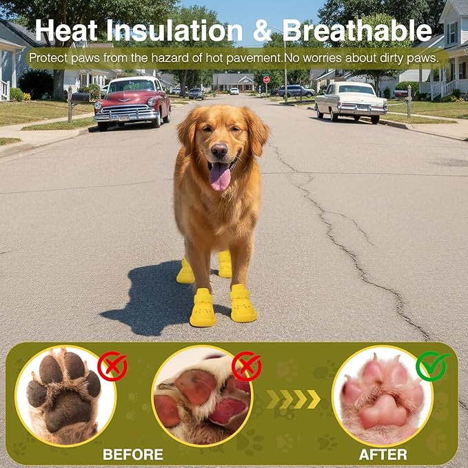 Dog Shoes for Hot Pavement and Snow - Waterproof, Non-Slip, Breathable Booties with Adjustable Straps for Small Medium, and Large Dogs (Yellow, XS)
