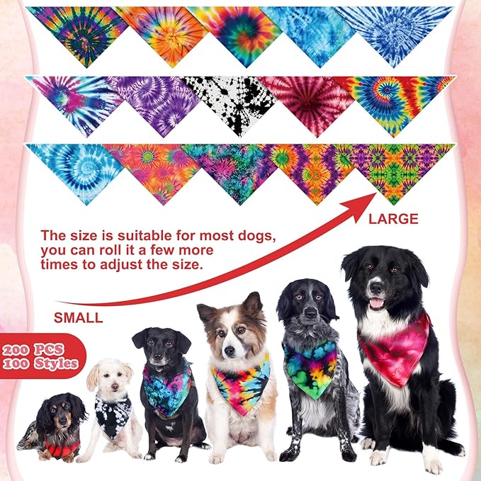 Huhumy 100 Pcs Tie Dye Dog Bandanas Bulk Pet Bibs Colorful Triangle Scarf Pet Bandanas for Medium Large Dogs Holiday Summer Hawaiian Birthday Costume Decor