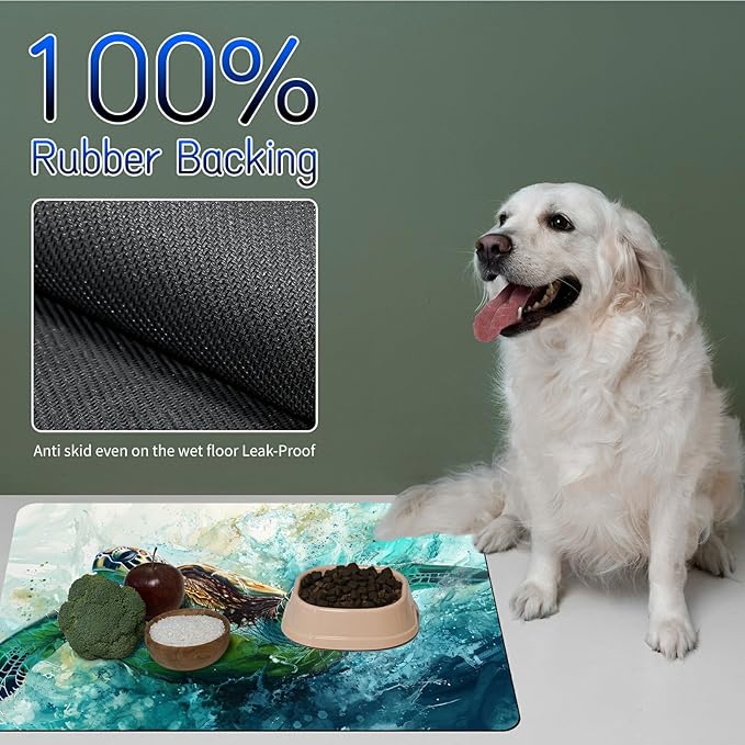 Dog Food Mat, 15.7" x 23.6" Absorbent Pet Feeding Mat for Food and Water, Waterproof Diatom Mud Pet Placemat with Non-Slip Rubber Backing, Cat Bowl Mat for Floors - Watercolor Turtle