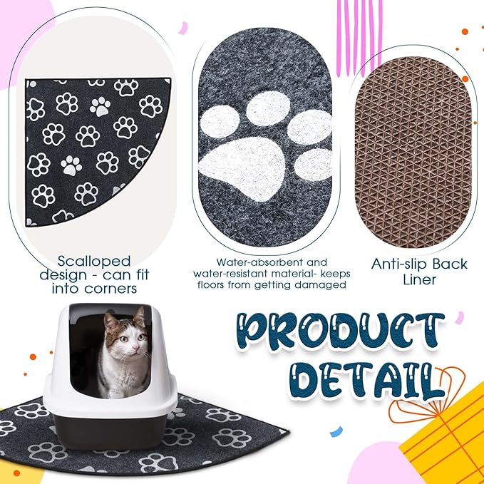 Drydiet Corner Cat Litter Trapping Mat Water Resistant Cute Paw Pattern Corner Litter Mat, 29" x 29" Gray Traps Mess from Box Protects Floors Machine Washable Urine Proof Soft on Kitty Paws Absorbent