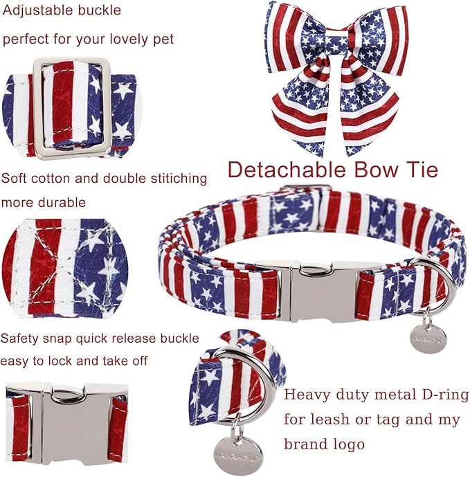Patriotic Dog Collar with Bow Tie, 4th of July Bowtie Dog Collar, American Flag Collar for Medium Boy Girl Dog, Comfortable Summer Bowtie Collar with Metal Buckle, M