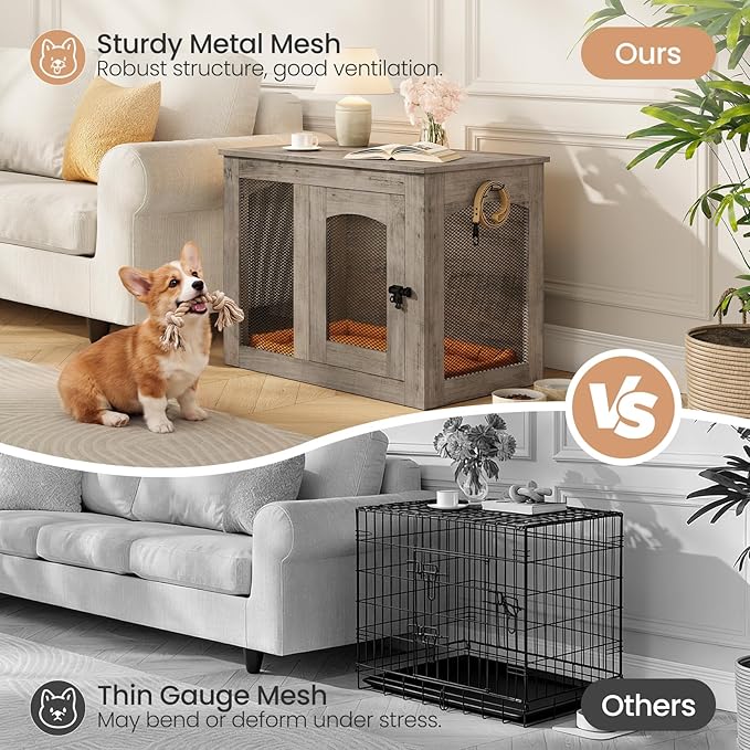 CHOEZON Wooden 30.1" Dog Crate Furniture, Farmhouse Pet Cage End Table with Secure Lock, Ventilated Mesh for Medium Dogs, Dog Kennel Furniture for Living Room, Bedroom, Greige MGW02FH