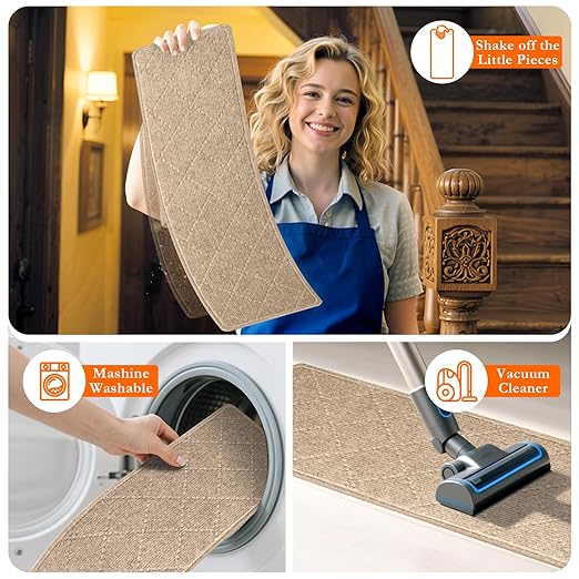 Stair Treads for Wooden Steps 4 PCS - 8’’ x 30’’, Non Slip Stair Runner, Machine Washable Stair Rugs Strips for Kids Pets and Elderly, Indoor Carpet for Stairs (Khaki)