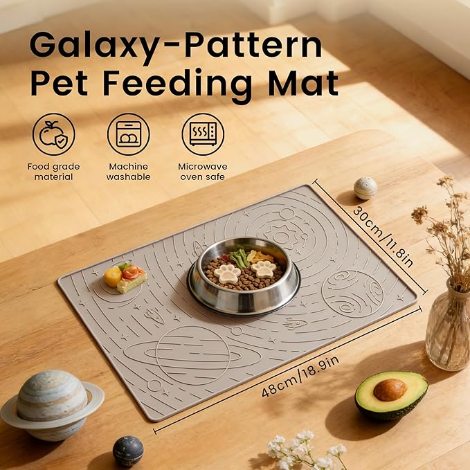 OHMO Dog Food Mat, Silicone Waterproof Cat Food Mat, Non-Skid Spill Proof Pet Feeding Mat for Food and Water, Easy to Clean Dog Placemat(Beige, 18.9" x 11.8")