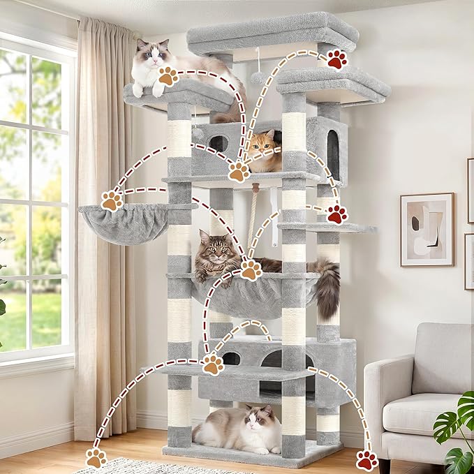 Gitelsnour Cat Tree for Indoor Cats Large Adult, 74" Cat Tower with 3 Big Platforms, 2 Baskets, 2 Condos, Multi-Level Cat Scratching Posts, Light Gray GCT030W