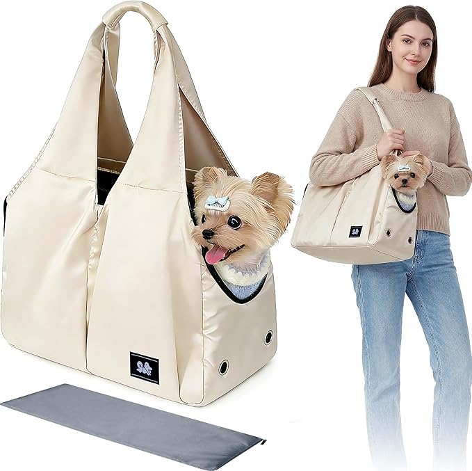 Dog Purse Carrier for Small Dogs Cats & Puppies, Soft-Sided Collapsible Pet Bag with 4 Large Pockets & Support Cushion, Breathable Lightweight Travel Carrier Fits Pets up to 13 lbs, Beige