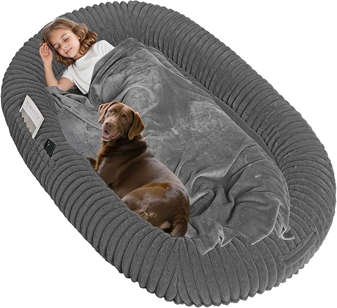 Human Dog Bed for Adult, Reversible Orthopedic Gel Memory Foam Cushion, Washable Corduroy Fleece, Plump Edge with Blanket, Storage Pocket, Strap, 65"x41.3"x9", Extra Large, Medium Grey