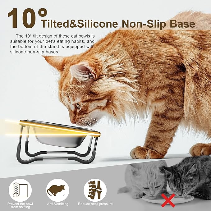 Elevated Cat Bowls with Foldable Stand, Height Adjustable Metal Raised Dog Cat Feeder with 2 Stainless Steel Bowls, Non-Slip Tilted Food Water Bowls for Cats and Small Dogs