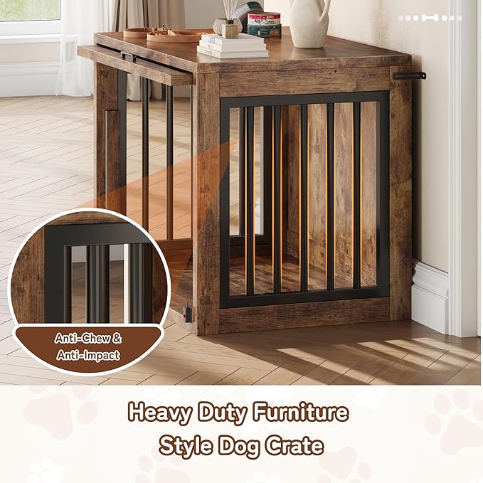 Jocoevol Dog Crate Furniture - 35'' Wooden Dog Kennel for Dogs up to 50 lb, Medium Dog Crate with Hidden Sliding Door, Heavy Duty Dog Cage with Safety Latch and Quiet Pads, Rustic Brown