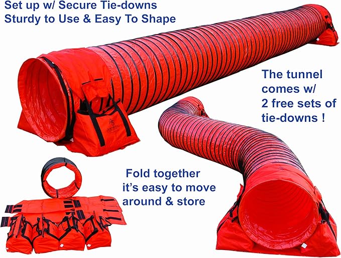 20' Heavy Duty Dog Agility Tunnel with 2 Sets of Tiedown System, Competition & Training, Multiple Colors, 2 Lengths (Red)