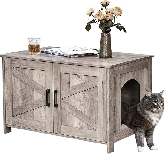 Homhedy Cat Litter Box Enclosure, Wooden Cat Washroom Furniture with Barn Door, Pet House, Fit Most of Litter Box, Greige