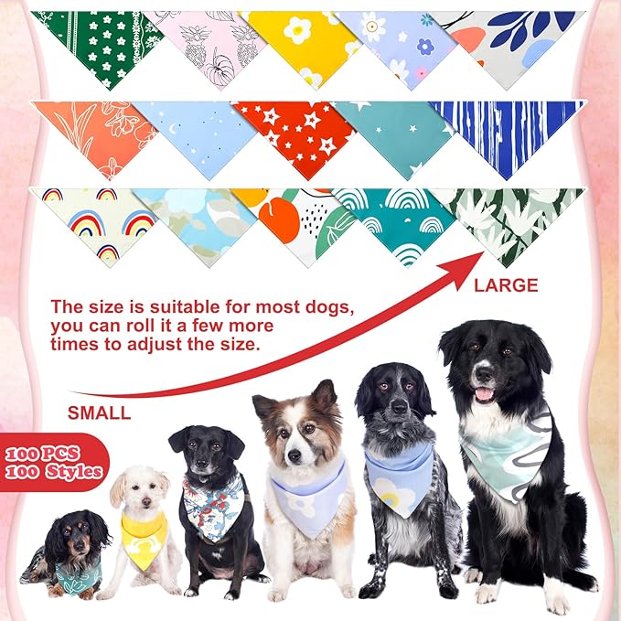 Huhumy 150 Pcs Boho Dog Bandanas Bulk Pet Bibs Colorful Triangle Scarf Pet Boho Bandanas for Medium Large Dogs Spring Summer Birthday Costume Decoration