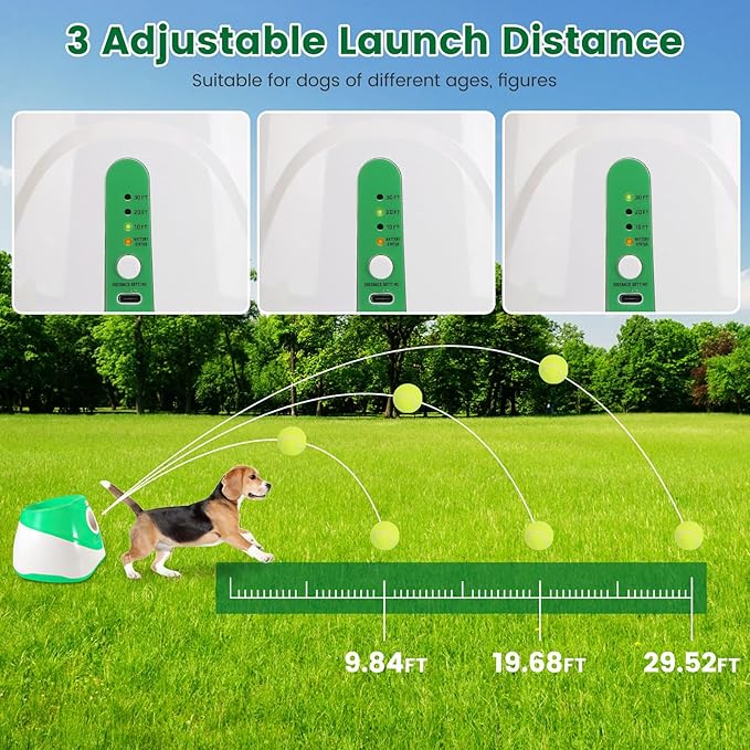 Automatic Dog Ball Launcher, Dog Ball Thrower Interactive Fetch Machine with 6 Tennis Balls 3 Adjustable Launch Distance for Small Medium Dogs