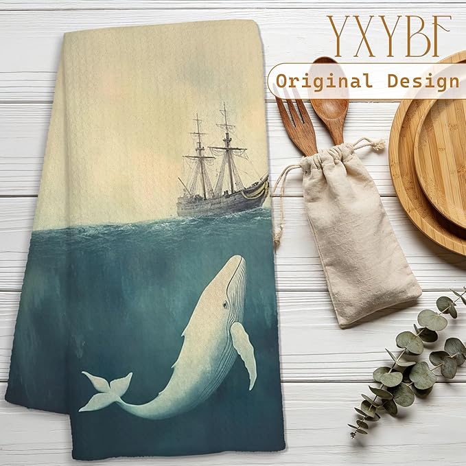 Vintage Nautical Ocean Whale Hand Dish Tea Towels for Kitchen Bathroom Decor 16x24 Inches, Whale Gifts, Coastal Beach Sailing Kitchen Towels Decorative