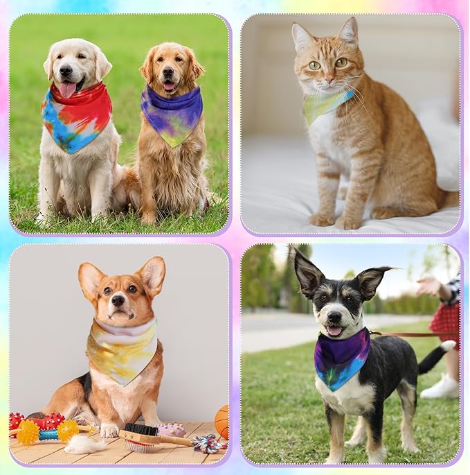 Sweetude 100 Pcs Tie Dye Dog Bandanas Bulk Pet Triangle Scarf Bibs Washable Puppy Kerchief Adjustable Grooming Supplies for Small Medium Large Dog Cat Costume Accessories