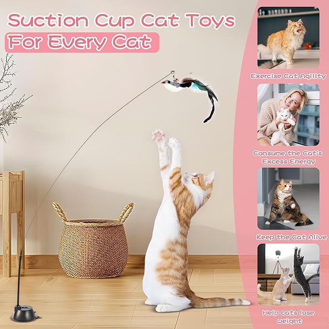 Interactive Bird Simulation Cat Toy Set, Cat Wand Toys, Self-Holding Suction Cups Base, Includes 6 Detachable Replacement Feather Toys