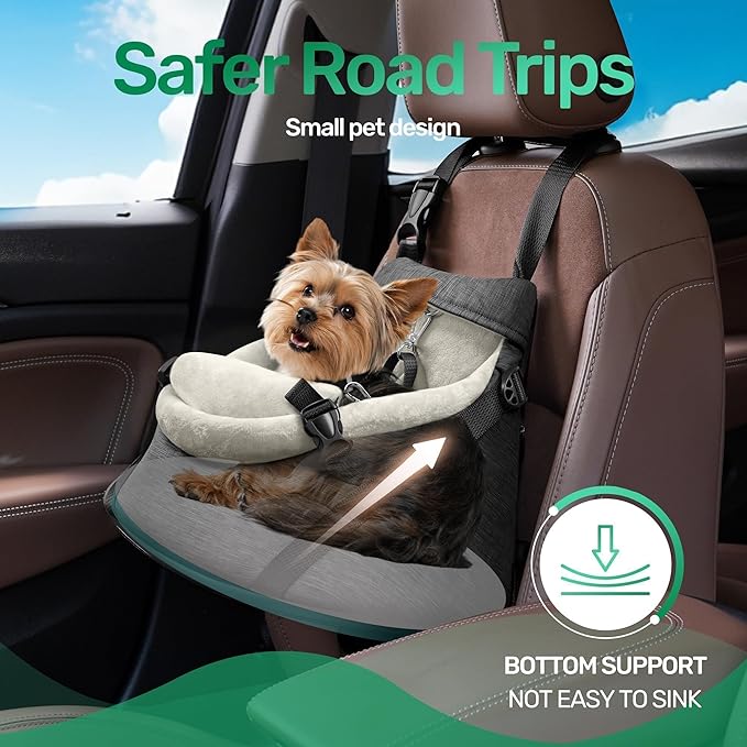 YUDODO Teacup Dog Car Seat – Designed for Tiny Dogs up to 7 lbs – Luxurious Vegan Leather Booster Seat for Chihuahua & Yorkie with Safety Belt & Soft Cushion, Gray