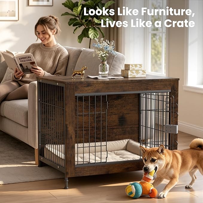 Wooden Dog Crate Furniture, 32in Dog Cage Furniture with Slide Safety Latch, Indoor Decorative End Table for High Anxiety Dogs, Furniture Style Dog Crate for Medium Dogs, Aged Black