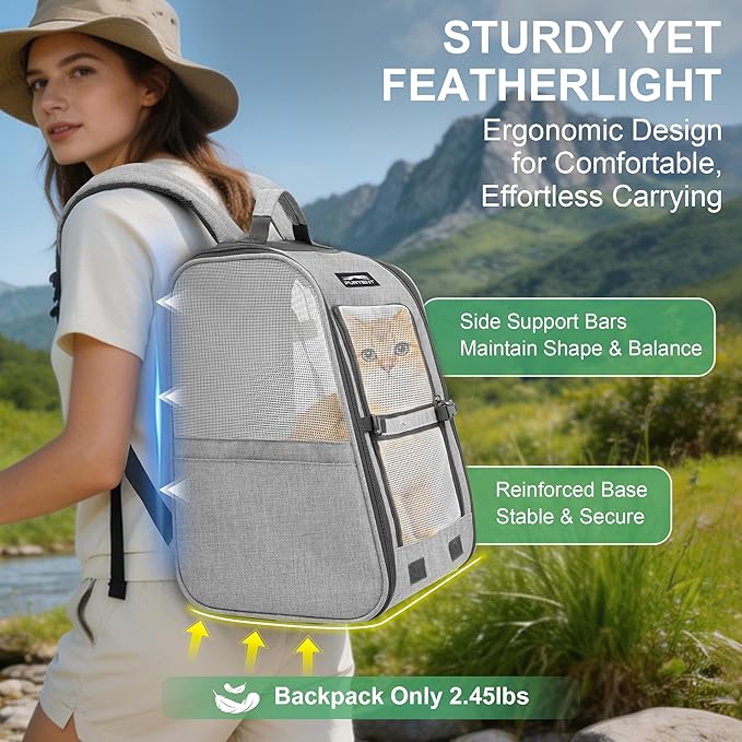 Pet Backpack Carrier for Small Dogs and Cats, Comfortable Portable Cat Bag for Travel Use with Ventilated Mesh, Safety Strap, and Easy-Clean Waterproof Fabric, Grey