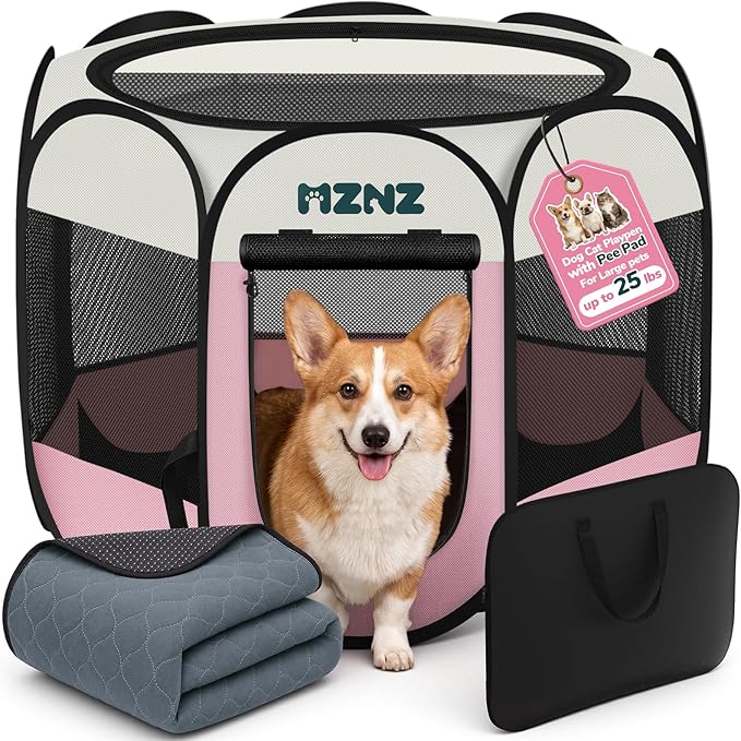 Dog Cat Playpen with Pee Pad, Portable Puppy Pet Crate Indoors for Small/Medium Dogs Cats Rabbits, Foldable Dog Cage Enclosure for Outdoor, Pop Up Dogs Tent Kennel with Carrying Case, Pink