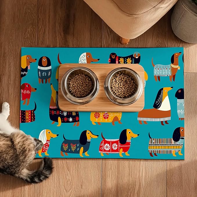 HOMETITUTE Dachshund Dog Design 24x16 inch Non Slip Dog Food Mat Pet Bowl Placemat for Food and Water Small Dog Bowl Mats Cat Food Mat Easy to Clean Feeding Mats for Small Pets Cute