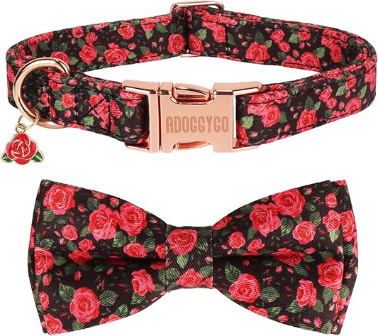 ADOGGYGO Floral Dog Collar with Bow, Metal Buckle, Adjustable Red Rose Floral Bowtie Collars for Extra Large Dogs (X-Large)