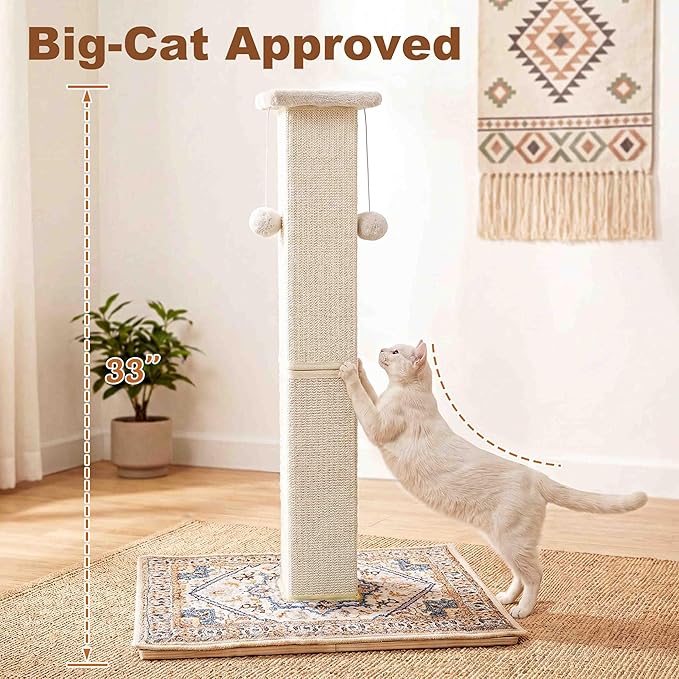 Tall Cat Scratching Post for Indoor Cats Adults, 33'' Large Cat Scratch Post with Perch, Cute Cat Scratching Post with Boho Carpet ＆ Dangling Ball Toys, White
