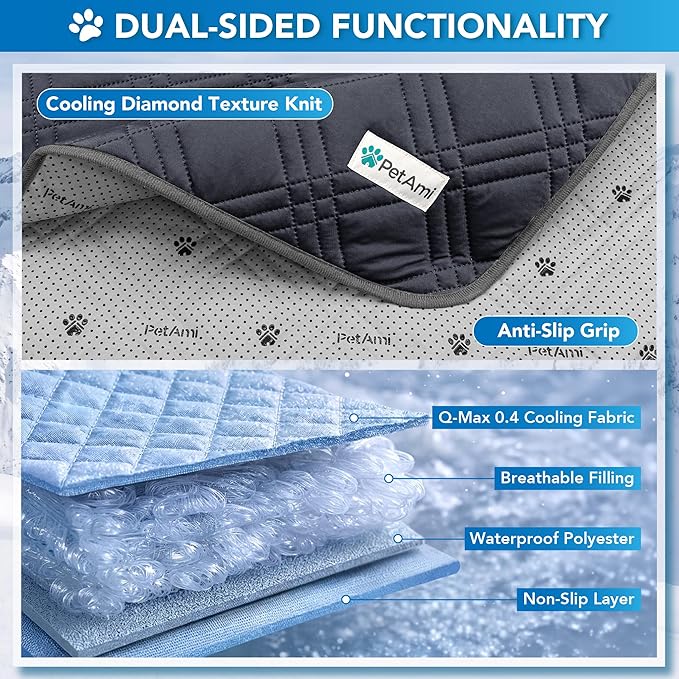 PetAmi Dog Cooling Mat, Waterproof Self Cooling Dog Pad with Non-Slip Backing, Q-Max >4.0 Pet Cooling Mat for Crate, Couch, Kennel & Car, Indoor Outdoor Summer Use, Grey, 60x80