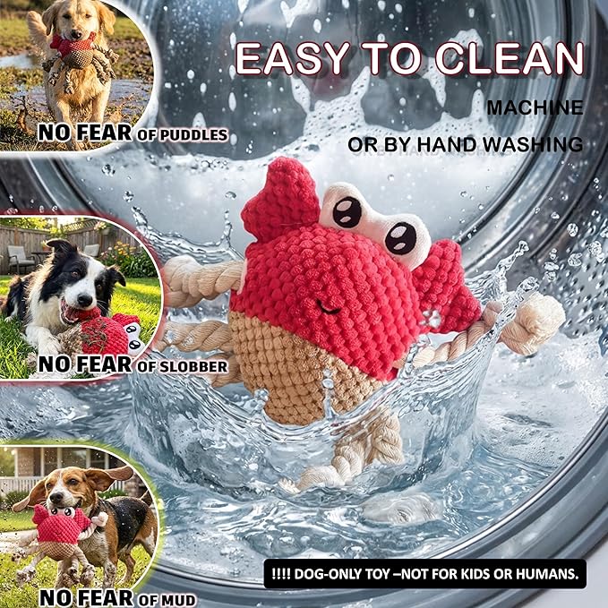 Plush Squeaky Crab Dog Toy with Rope Legs - 5.5''X9.5'' Durable Dog Chew Toy for Small Dogs | Built-in Whistle Sounds | Teeth Cleaning | Interactive Dog Toys （RED）