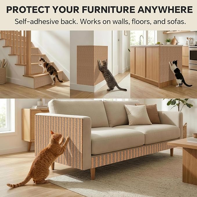 Self-Adhesive Cork Cat Scratcher Mat for Couch, 40x12 Inch Cut-to-Size Furniture Protector, No Mess Shed-Resistant Cat Scratch Pad, Removable Sticky Protector for Indoor Cats
