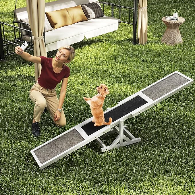 PETSITE Wooden Dog Agility Seesaw, Dog Exercise & Play Set, Outdoor Run Game Toy, Climbing Platform Balance Training Equipment, Weatherproof Pet Supplies for Backyard Obstacle Courses (White)