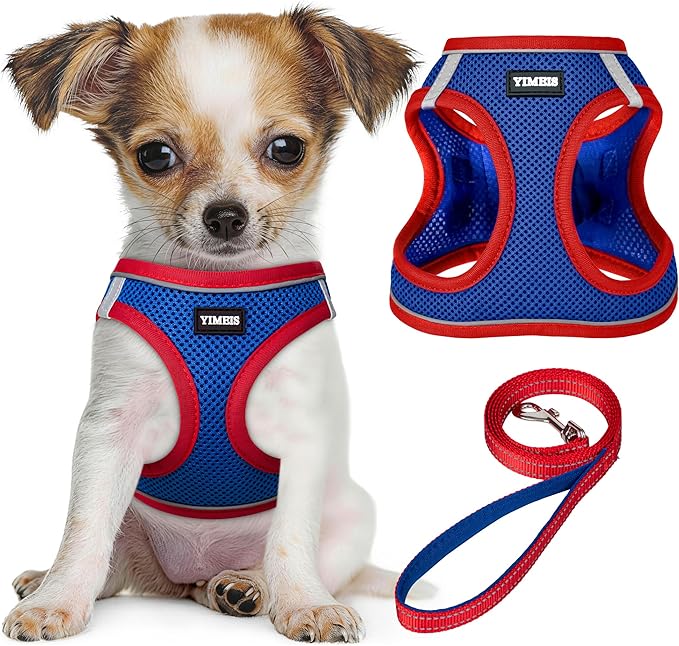 YIMEIS Dog Harness and Leash Set, No Pull Soft Mesh Pet Harness, Reflective Adjustable Puppy Vest for Small Medium Large Dogs, Cats (Red & Blue, X-Small (Pack of 1)