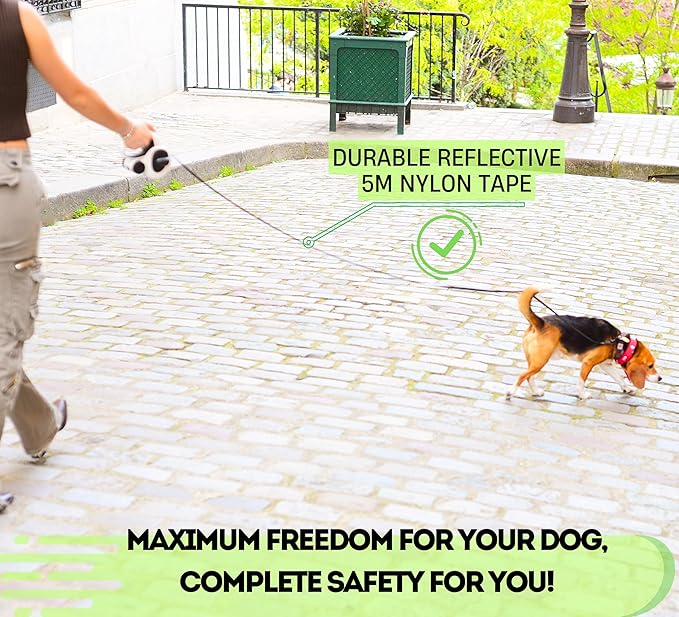 Snuggle Paws Retractable Dog Leash 16ft – Heavy Duty All-in-One Dog Leash with LED Flashlight, Poop Bag Holder, Chew Proof Steel Cable & Reflective Tape – Size S