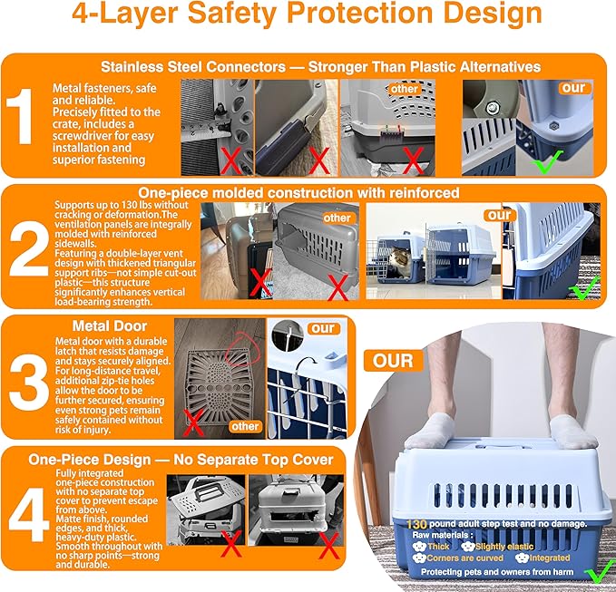Pets Carrier,Kennel, 23in,Long,Hard-Sided,for Small Dog/Cat up to 20 lb,Suit for Airline/Road Travel (Orange, Large)