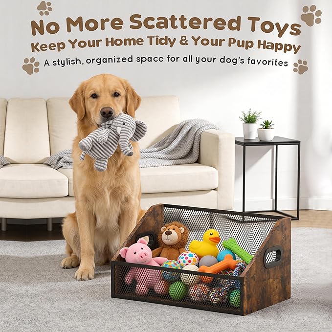Piskyet Wood Dog Toy Basket,Dogs Storage Organizer,Dog Toy Box,Dogs Toys Bin,Large Cat Toys Basket Box for Living Room Area Wooden Organizing Storage(Rustic Brown)