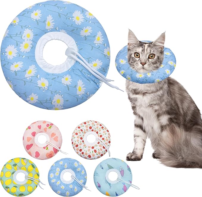 Seyezo Cat Cone Collar Soft, Adjustable Cat Recovery Collars Kitten Cones to Stop Licking, Cute Donut E Collar After Surgery, Anti-Lick Recovery Elizabethan Collar for Kitten(Blue Daisy, Medium)