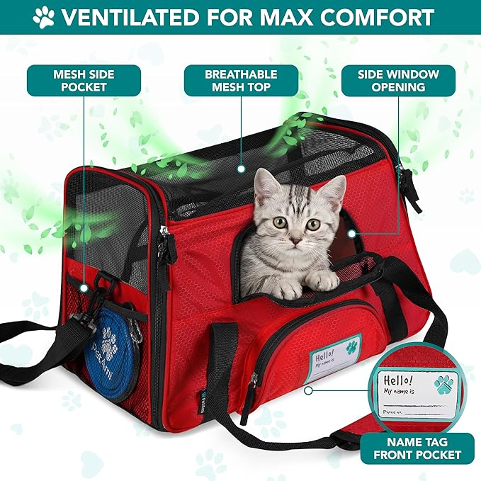 PetAmi Airline Approved Pet Carrier for Cats & Small Dogs, Soft Sided TSA Travel Carrier Bag with Sherpa Bed, Breathable Mesh Ventilation, Collapsible Bowl, Fits Under Seat, Up to 18 lbs, Large Red